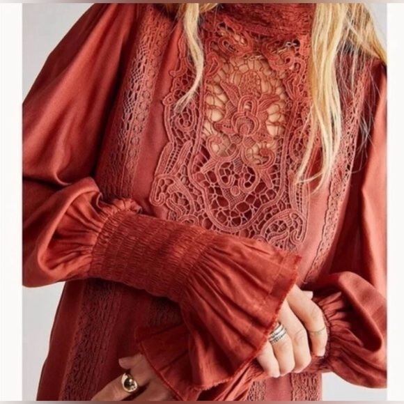 Free People burnt orange Vienna smocked sleeves crochet lace boho Mini Dress - Picture 6 of 9